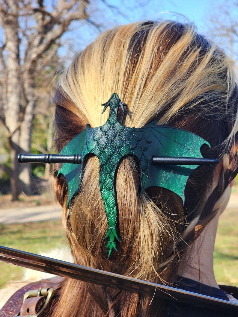 🐉⚔️ Handcrafted Dragon Leather Hair Slide with Wood Stick
