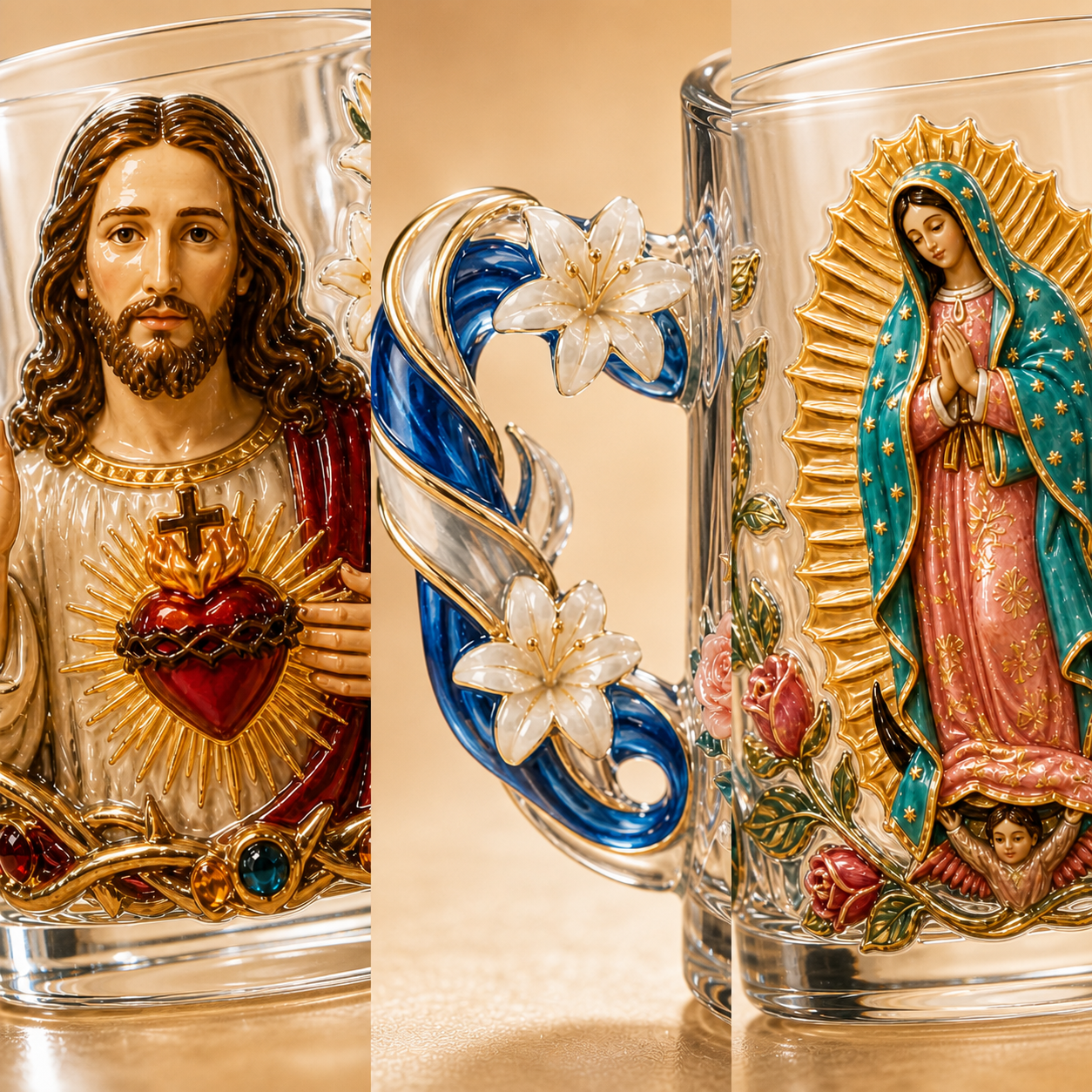 3D Faith-Inspired Glass Mug – Jesus & Virgin Mary Religious Collectible Gift