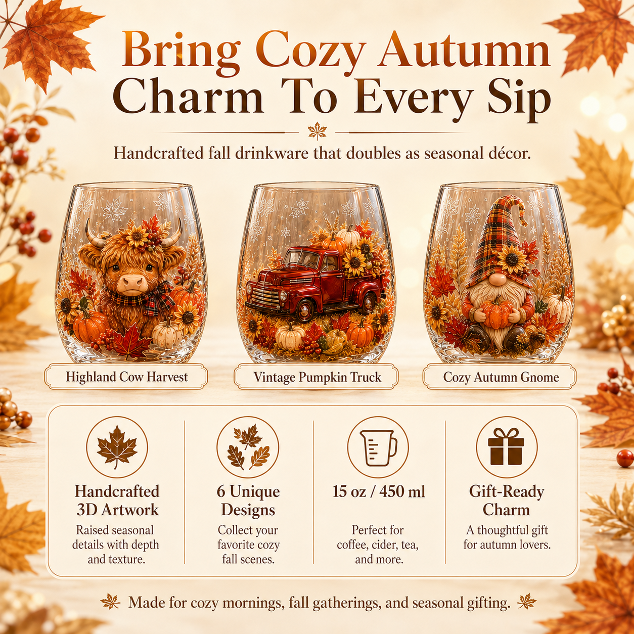 🍂✨Autumn Harvest 3D Glass Cup Gift Set – 6 Festive Designs