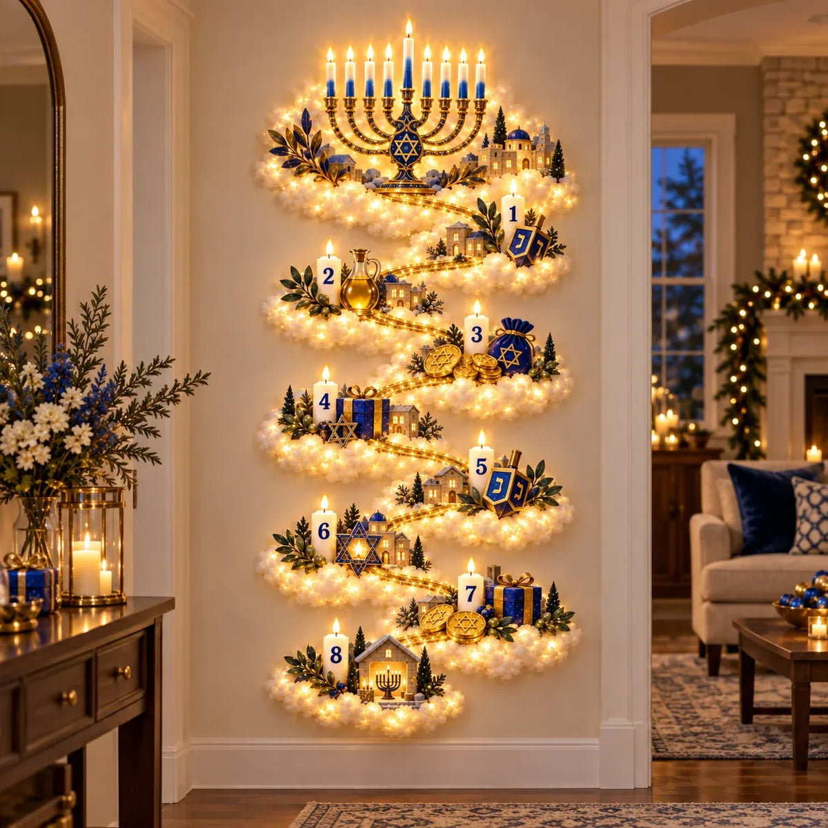 🕎✨ Eight Nights of Golden Light – Glowing Hanukkah Story Wall Collection