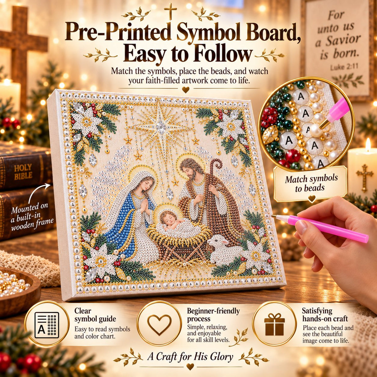 Beginner-Friendly Christian Pearl Bead Art Kit | Pre-Printed Design with Built-In Wooden Frame & Complete Tools 💕