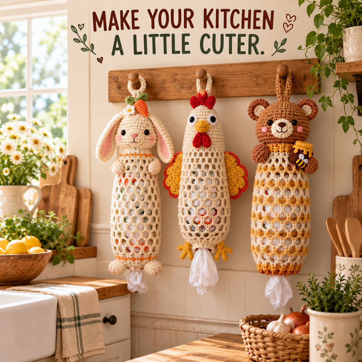 🔥LAST DAY 49% OFF – 🌼 Cottage Harvest Keepers™ — Crochet Animal Bag Holder DIY Kit | 11 Adorable Designs