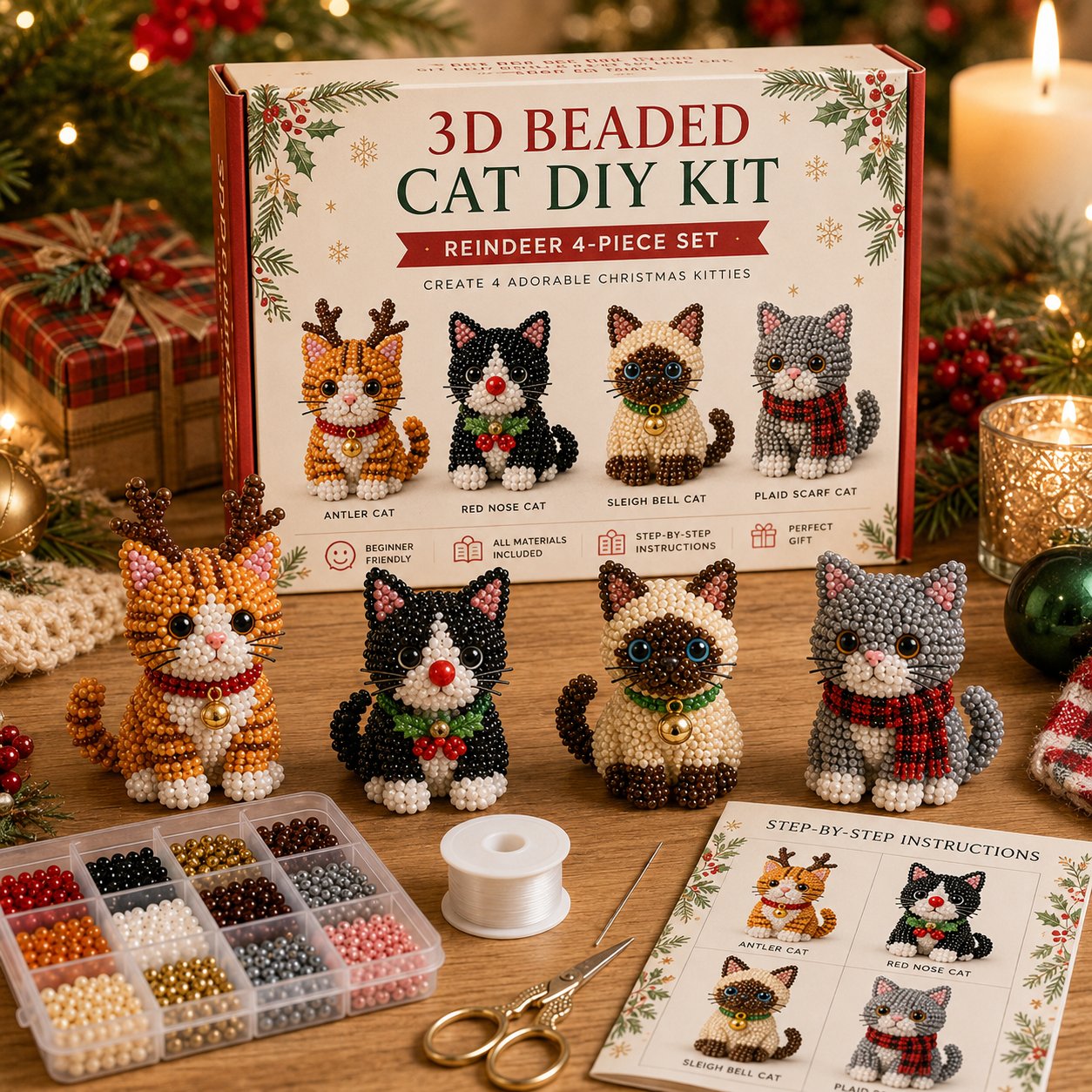 🐱🎄 Premium 3D Beaded Christmas Cats DIY Kit | Luxury Flocked Canvas with Scratch-Resistant Non-Fading Pearl Beads DIY Holiday Decor & Step-by-Step Guide ✨