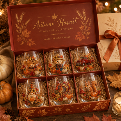 🍂✨Autumn Harvest 3D Glass Cup Gift Set – 6 Festive Designs