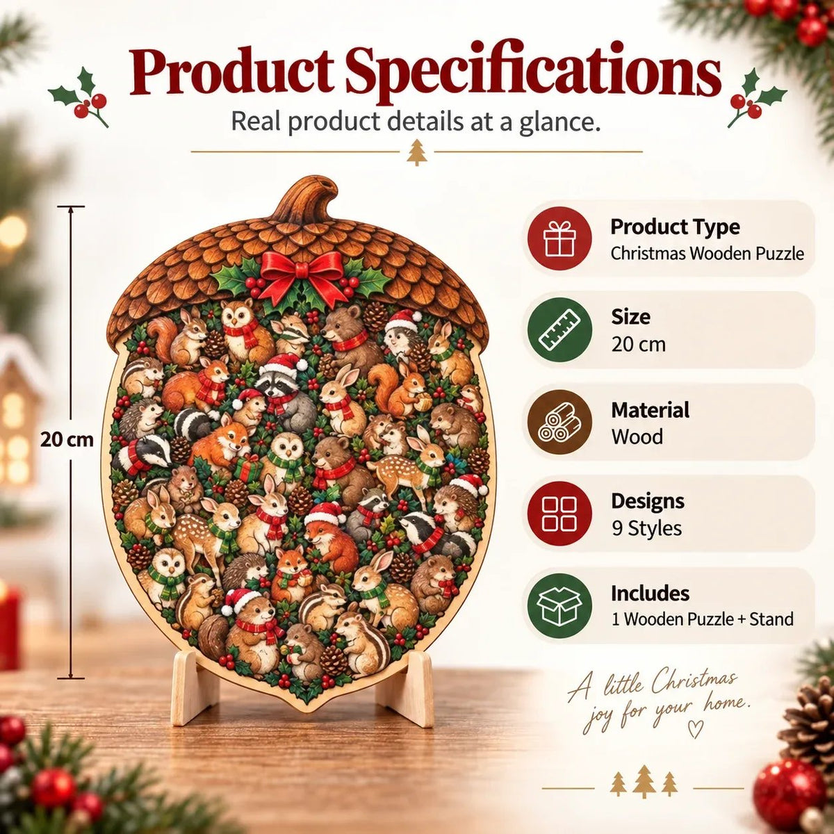 Wooden Christmas Puzzle with Stand — 8 Festive Designs to Build & Display