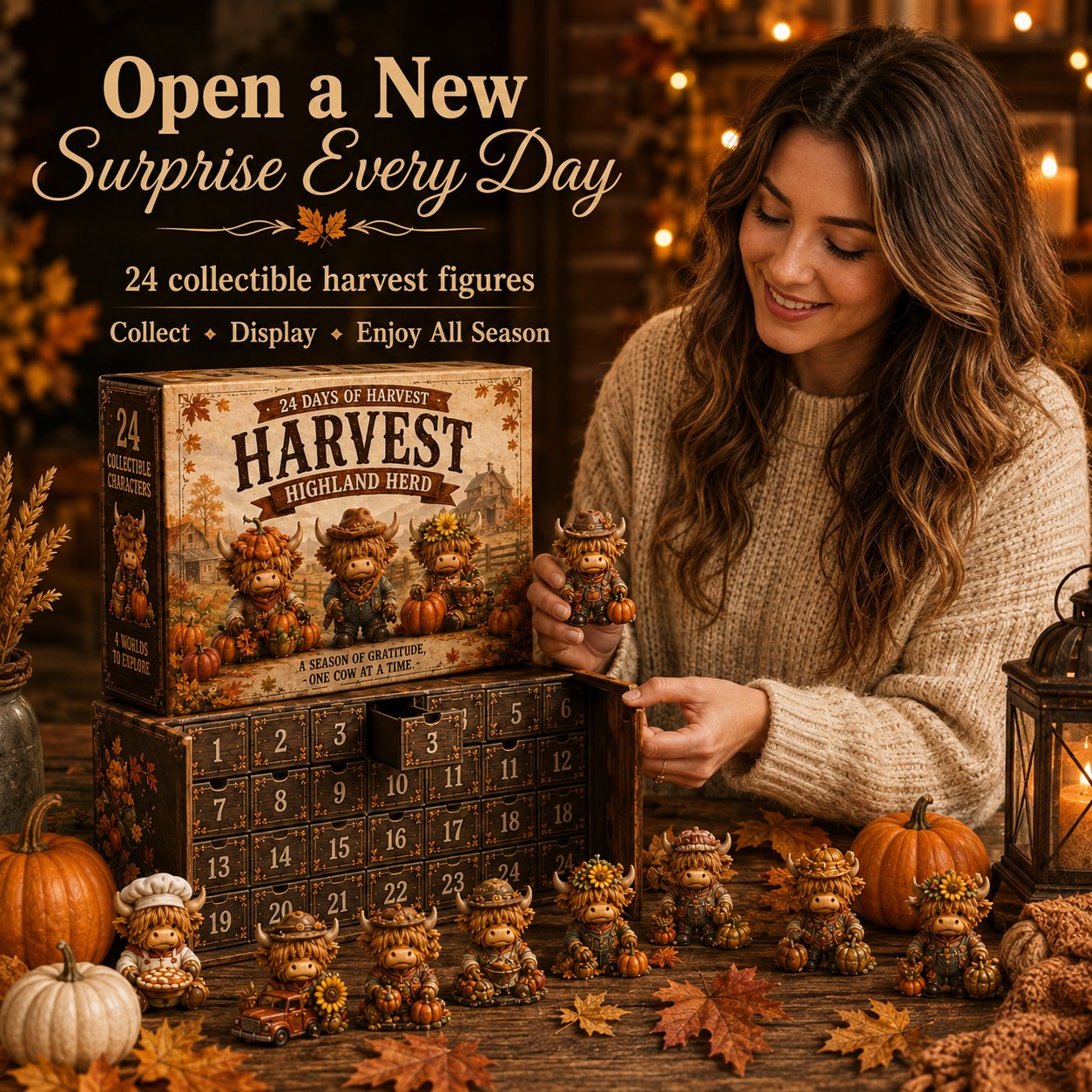 🍂 24-Day Highland Cow Harvest Countdown Calendar Blind Box – 24 Collectible Fall Figurines🐮🎃