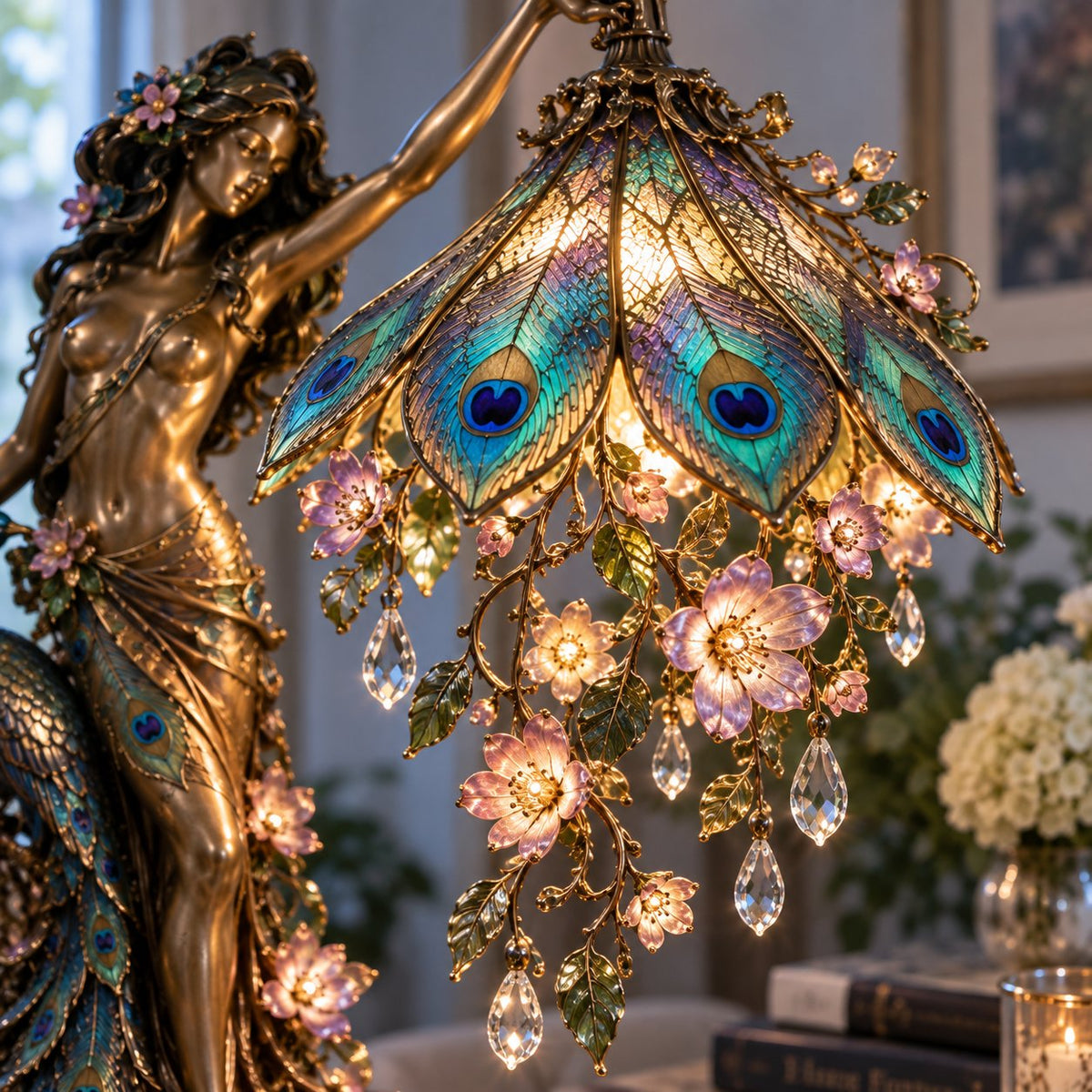🦚 Peacock Goddess Stained Table Lamp