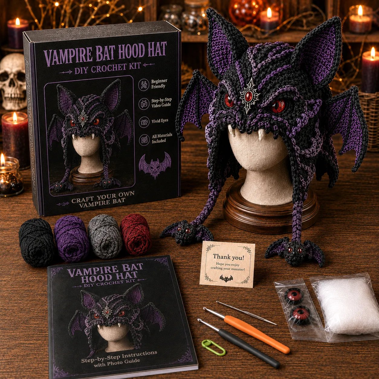 ? LAST DAY 49% OFF – ? Halloween Monster Hood DIY Crochet Kit | Premium Soft Yarn Materials with Step-by-Step Guide DIY Handmade Wearable Character Hood ??✨
