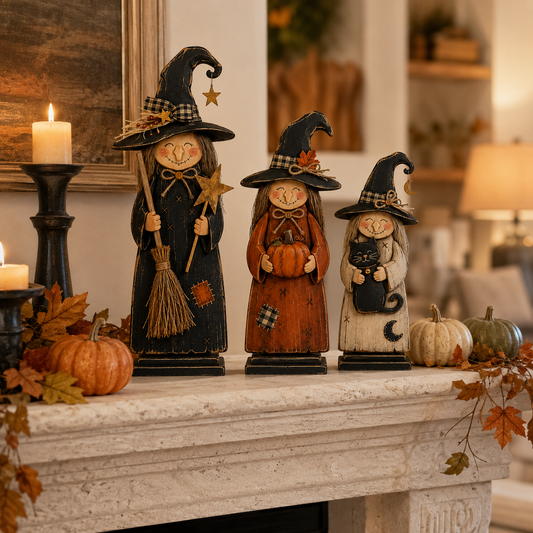 Vintage Wooden Witch Sisters Decor Set