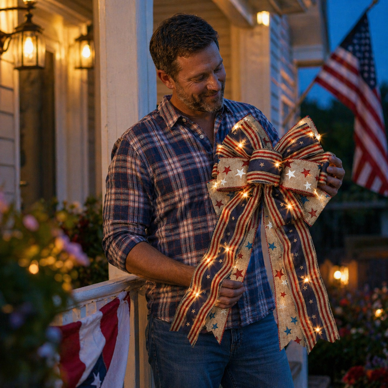 Classic Patriotic Burlap Bow - Rustic American Flag Wreath Decor for Front Doors, Porches & Home Celebration