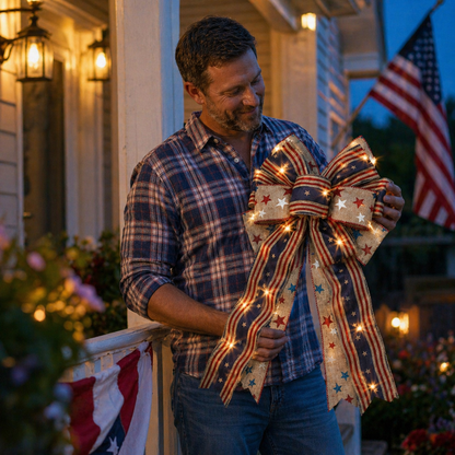 Classic Patriotic Burlap Bow - Rustic American Flag Wreath Decor for Front Doors, Porches & Home Celebration