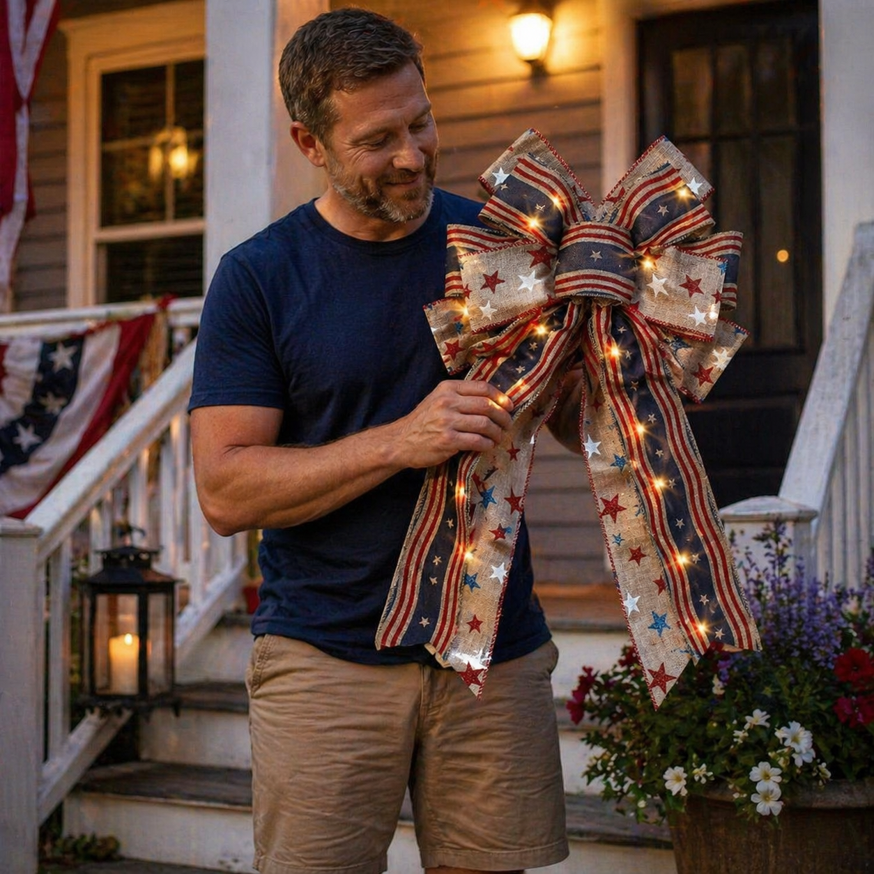 Classic Patriotic Burlap Bow - Rustic American Flag Wreath Decor for Front Doors, Porches & Home Celebration