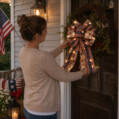Classic Patriotic Burlap Bow - Rustic American Flag Wreath Decor for Front Doors, Porches & Home Celebration