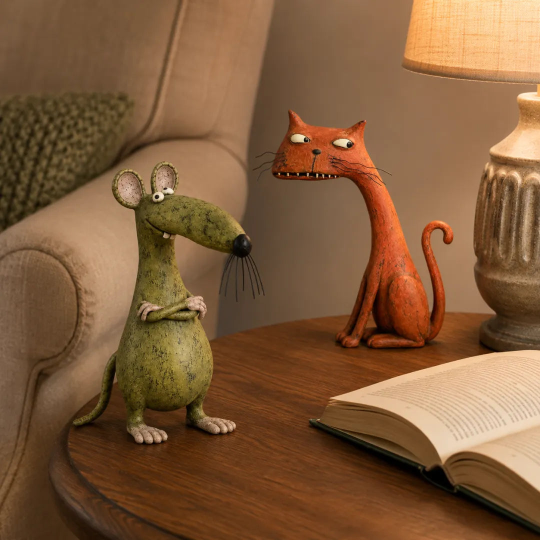 Cat and mouse figurines beside a book on a living room table