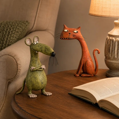 🐱🐭 Mischievous Cat & Mouse Shelf Companions – Vintage Quirky Animal Decor
