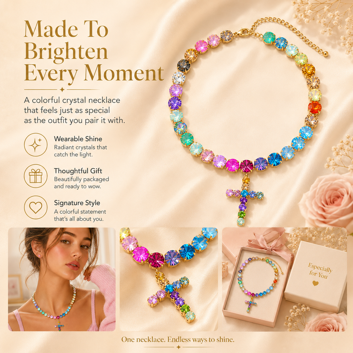 Colorful crystal cross necklace lifestyle collage