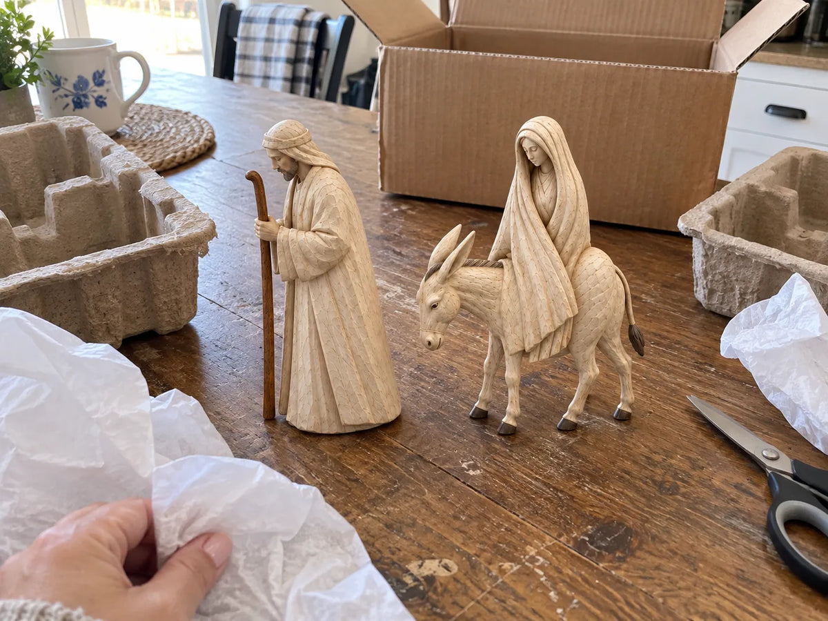 Mary and Joseph figurine set being unboxed in a real home