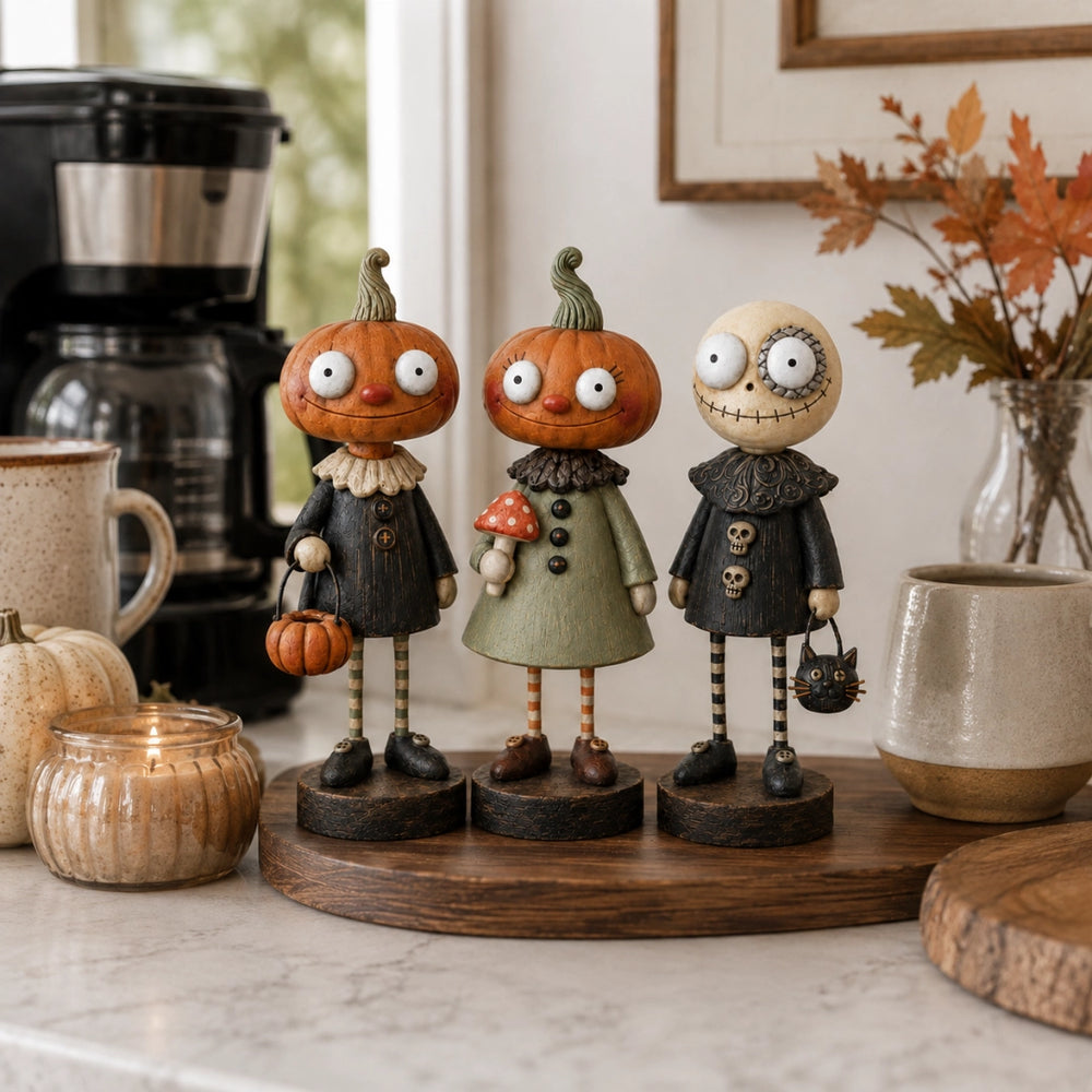Halloween figurines styled on a coffee bar