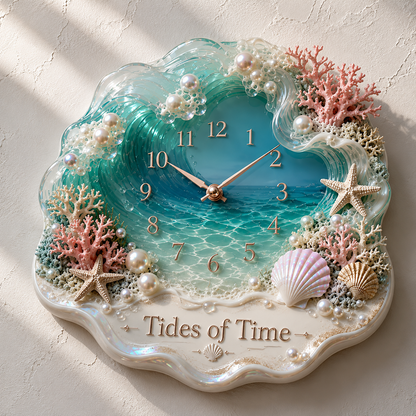 🌊Tides of Time Ocean Wave Wall Clock – Iridescent Coastal Décor with Pearls, Seashells & Coral