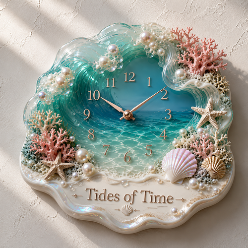 🌊Tides of Time Ocean Wave Wall Clock – Iridescent Coastal Décor with Pearls, Seashells & Coral
