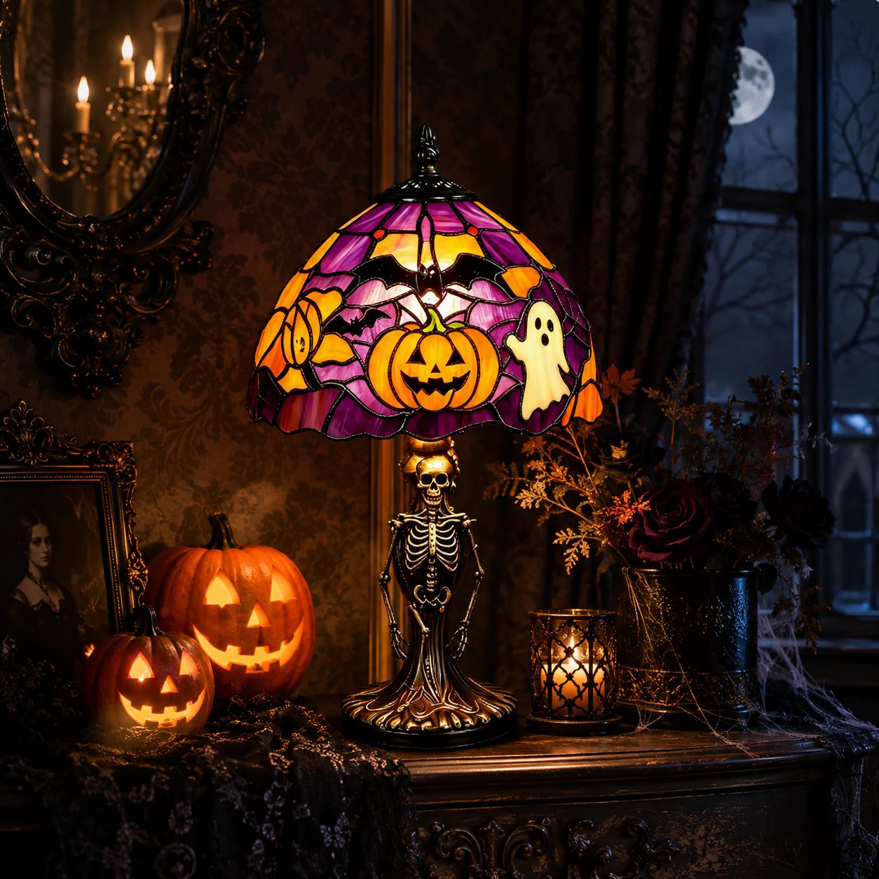 ✨Tiffany Lamp🎃👻Retro Halloween Painted Glass Table Lamp