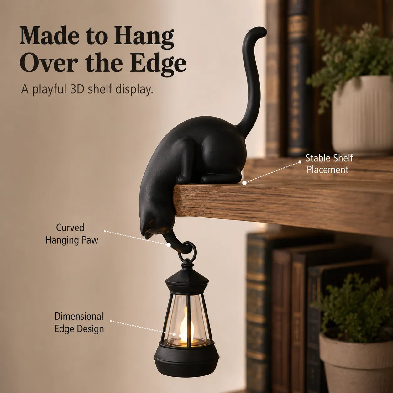 🐱 Curious Black Cat Shelf Ornament with LED Lantern Light