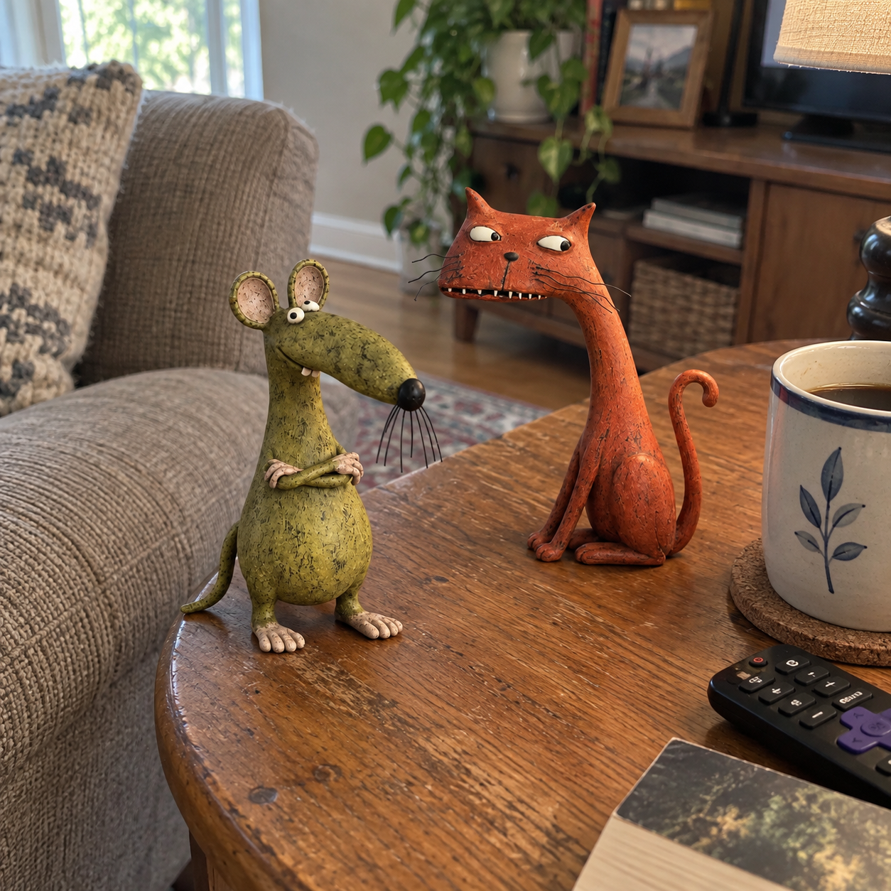 🐱🐭 Mischievous Cat & Mouse Shelf Companions – Vintage Quirky Animal Decor