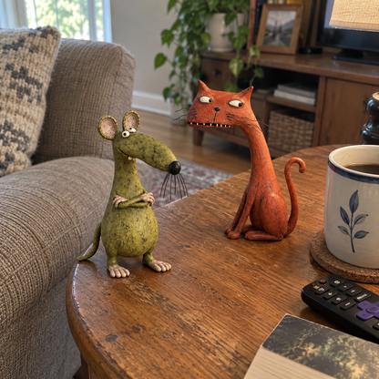🐱🐭 Mischievous Cat & Mouse Shelf Companions – Vintage Quirky Animal Decor