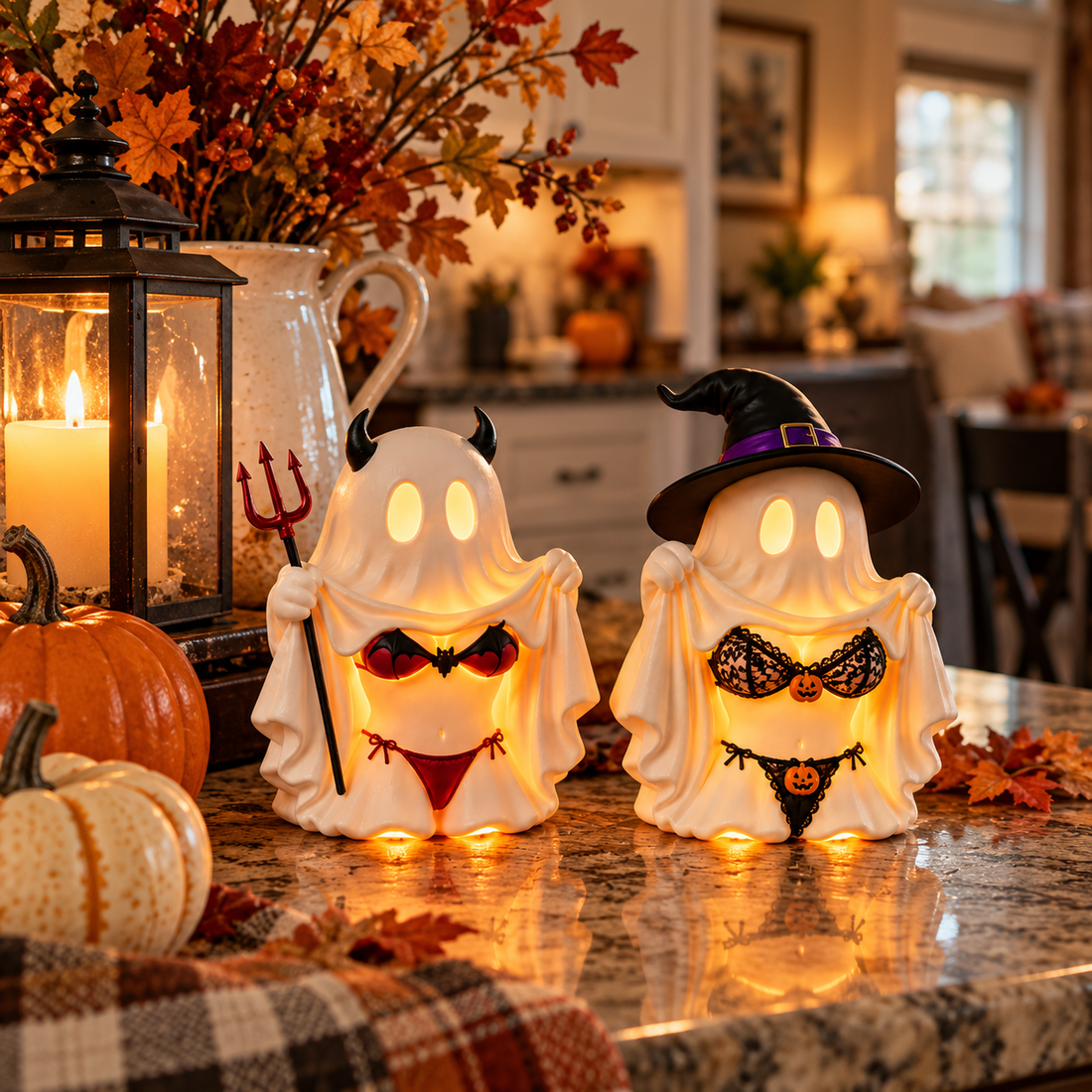 Two Halloween ghost lights in an American kitchen