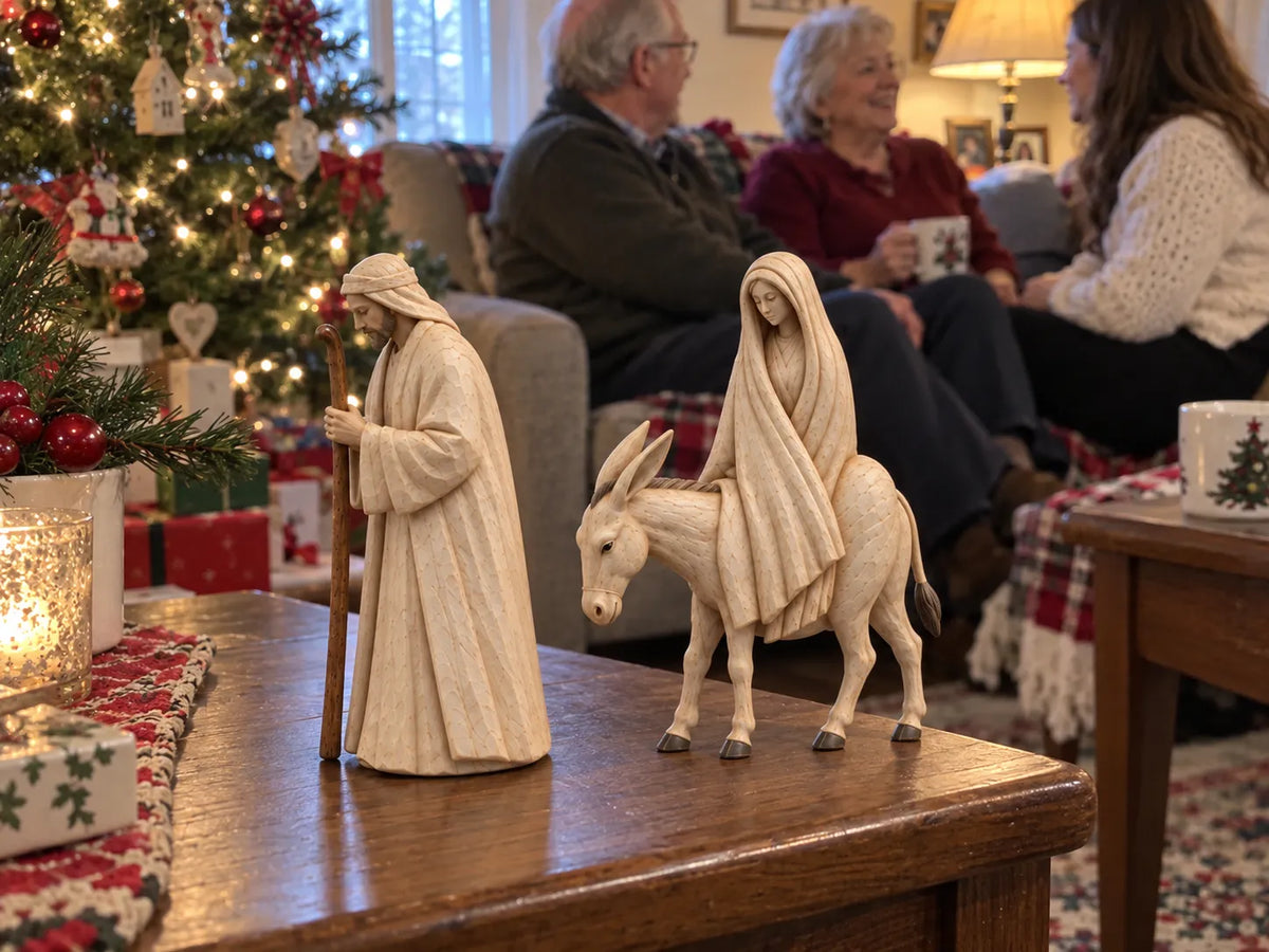 Mary and Joseph Christmas figurines displayed in a family living room