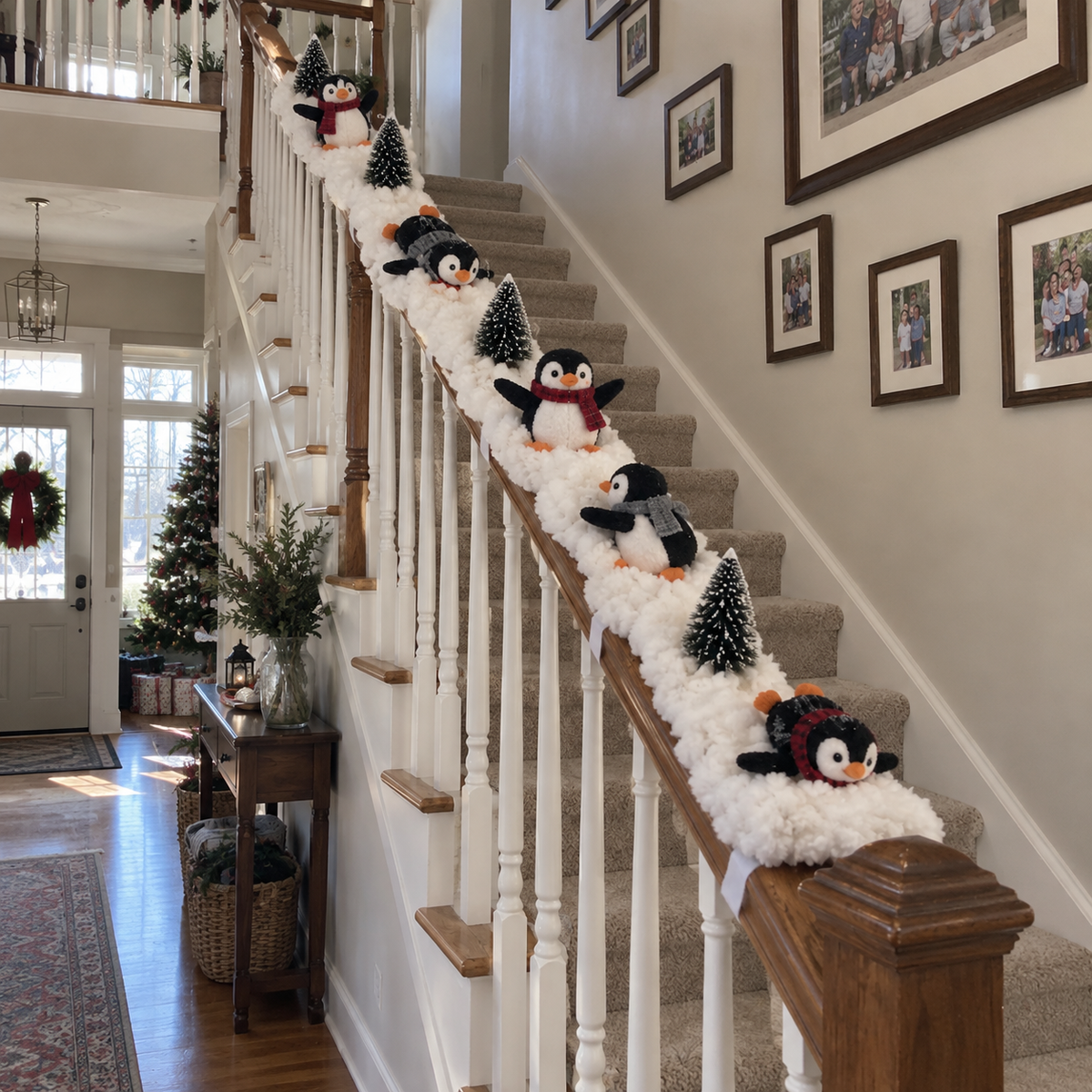 Christmas penguin stair decor daytime