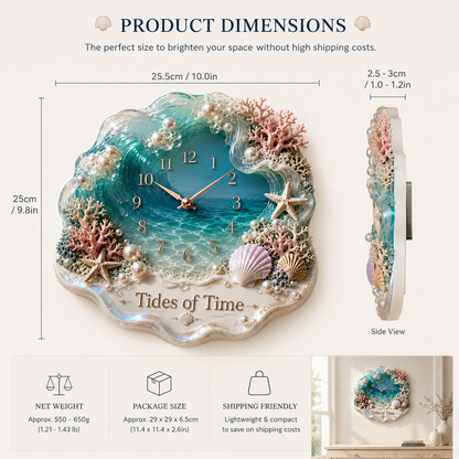 🌊Tides of Time Ocean Wave Wall Clock – Iridescent Coastal Décor with Pearls, Seashells & Coral