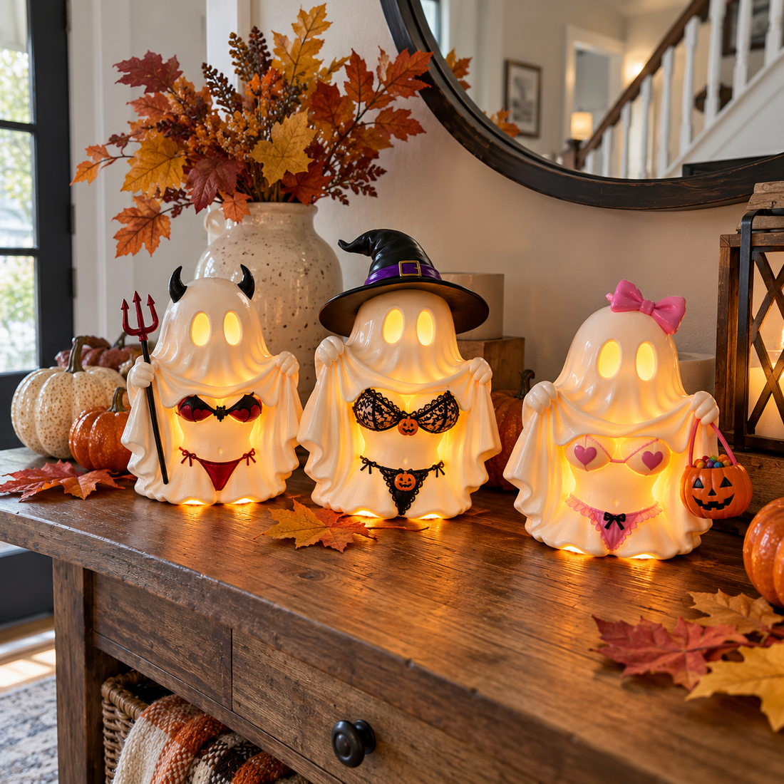Three Halloween ghost lights on entryway console table