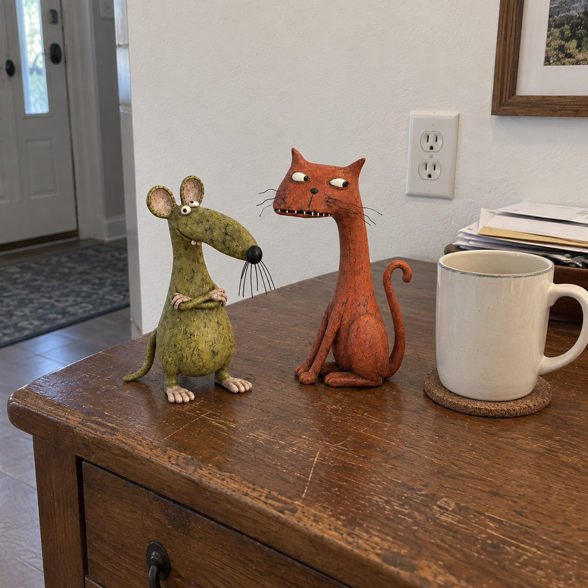 🐱🐭 Mischievous Cat & Mouse Shelf Companions – Vintage Quirky Animal Decor
