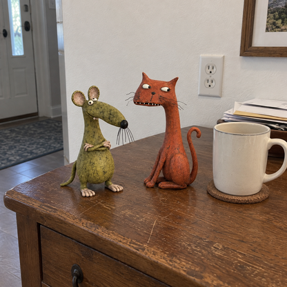 🐱🐭 Mischievous Cat & Mouse Shelf Companions – Vintage Quirky Animal Decor