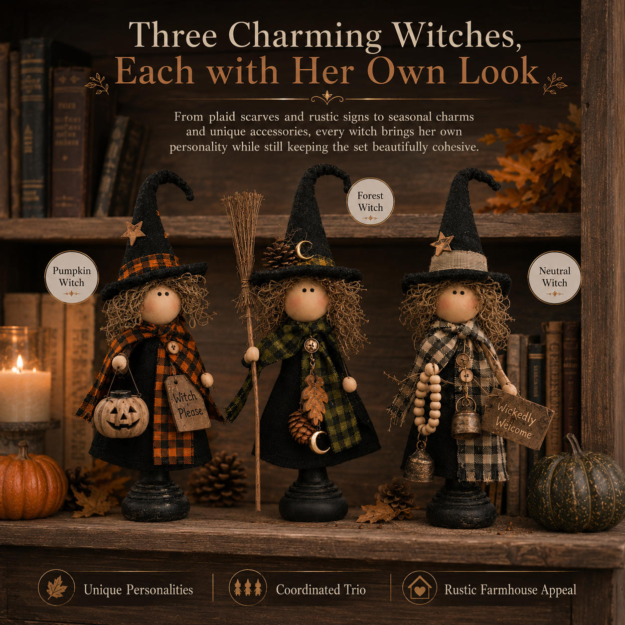 Rustic Halloween Witch Trio, Set of 3 – Primitive Farmhouse Tabletop Décor