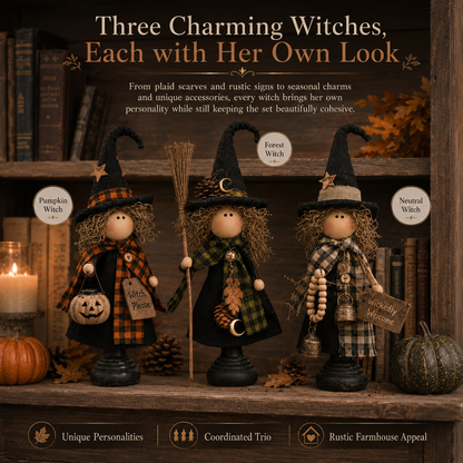Rustic Halloween Witch Trio, Set of 3 – Primitive Farmhouse Tabletop Décor