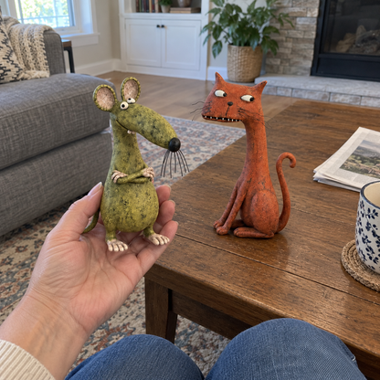 🐱🐭 Mischievous Cat & Mouse Shelf Companions – Vintage Quirky Animal Decor