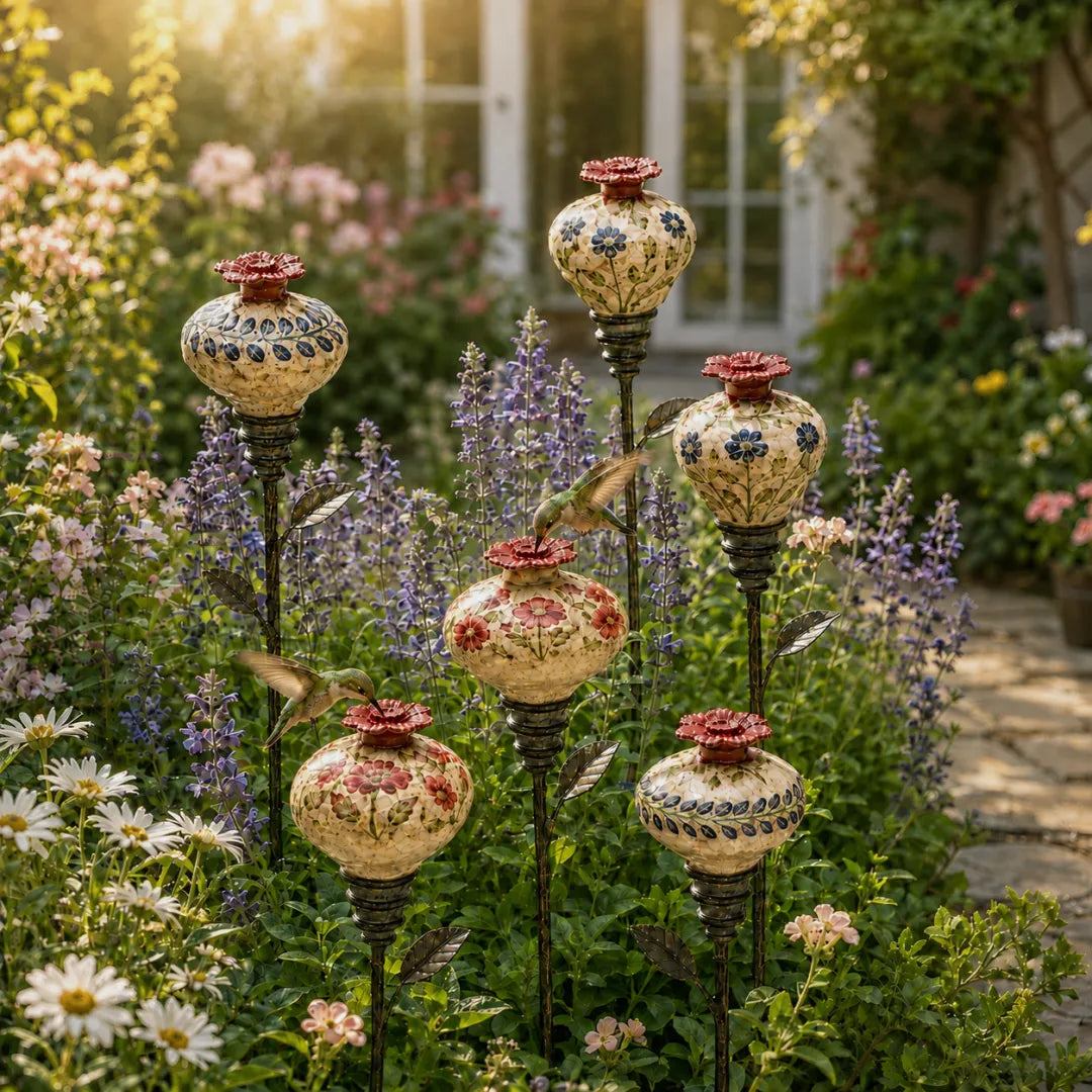A collection of vintage ceramic hummingbird feeder stakes among blooming garden flowers