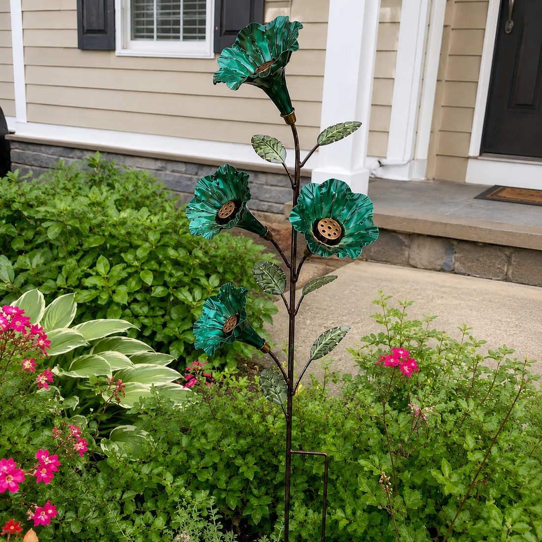 Emerald Green flower hummingbird feeder displayed in a garden