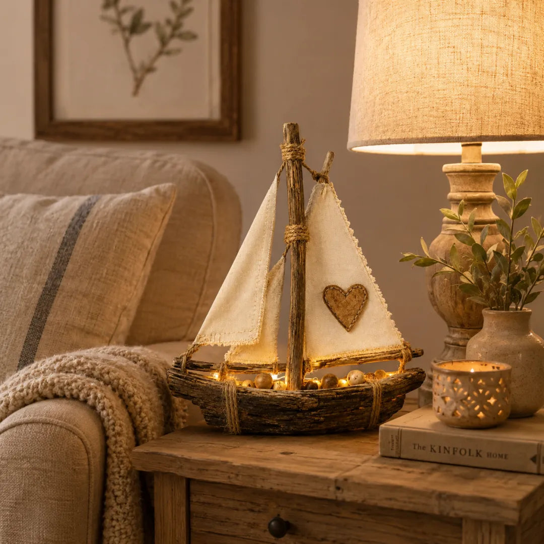 Rustic Lighted Sailboat Decor – Warm Coastal Glow