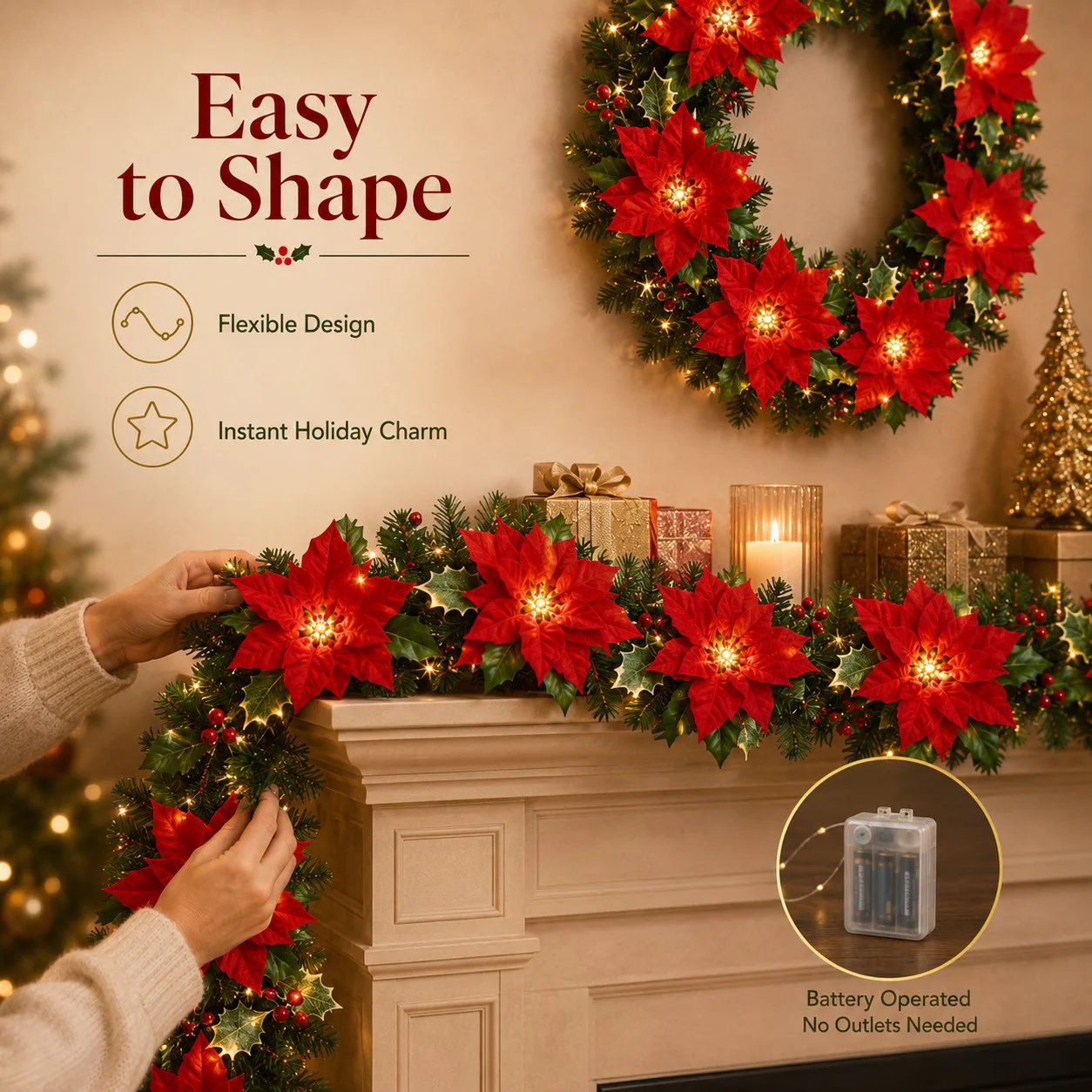🎉🎁 49% OFF Christmas Gift Decor – Poinsettia LED Garland String Lights