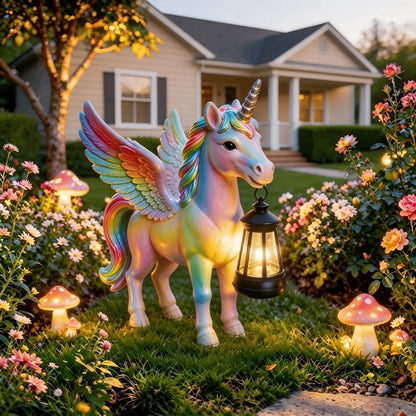 🌈✨Rainbow Winged Unicorn Solar Garden Statue with Lantern Light✨🌈
