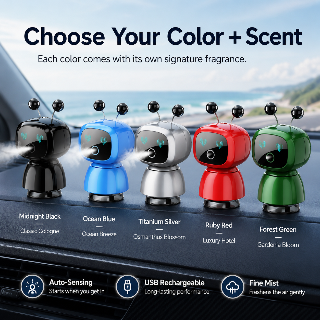 Cute Robot Car Diffuser – Auto-Sensing Mist & LED Vent Freshener