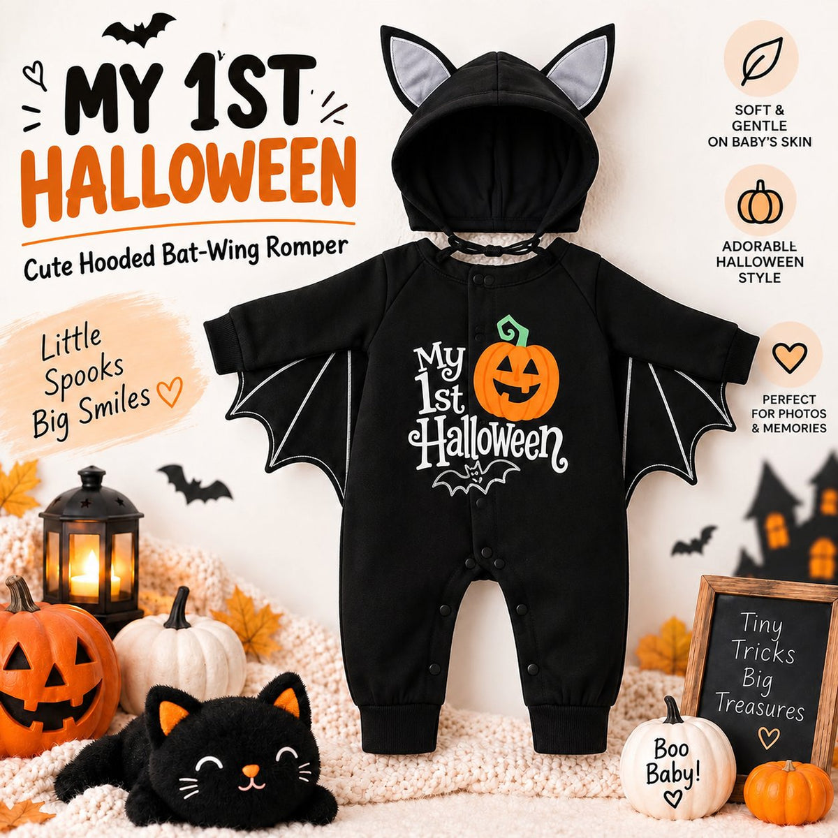 🎃🦇 Baby’s First Halloween Bat Romper – An Adorable Outfit for Little Spooky Memories