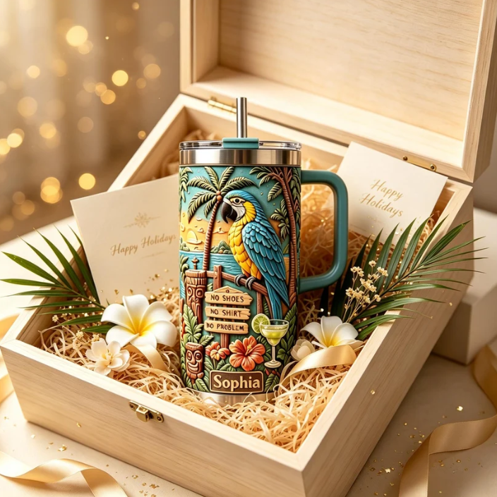 🦜 Personalized Tiki Life Tropical Parrot Beach Handle Tumbler