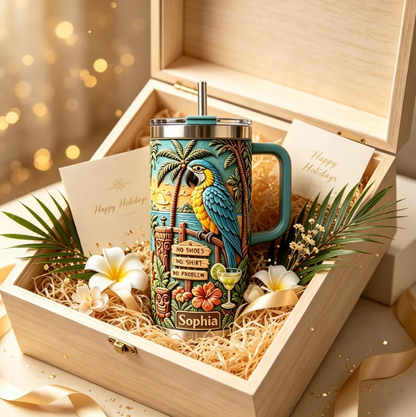 🦜 Personalized Tiki Life Tropical Parrot Beach Handle Tumbler