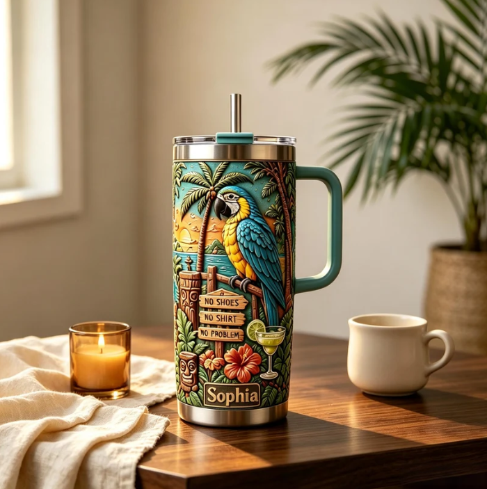 🦜 Personalized Tiki Life Tropical Parrot Beach Handle Tumbler