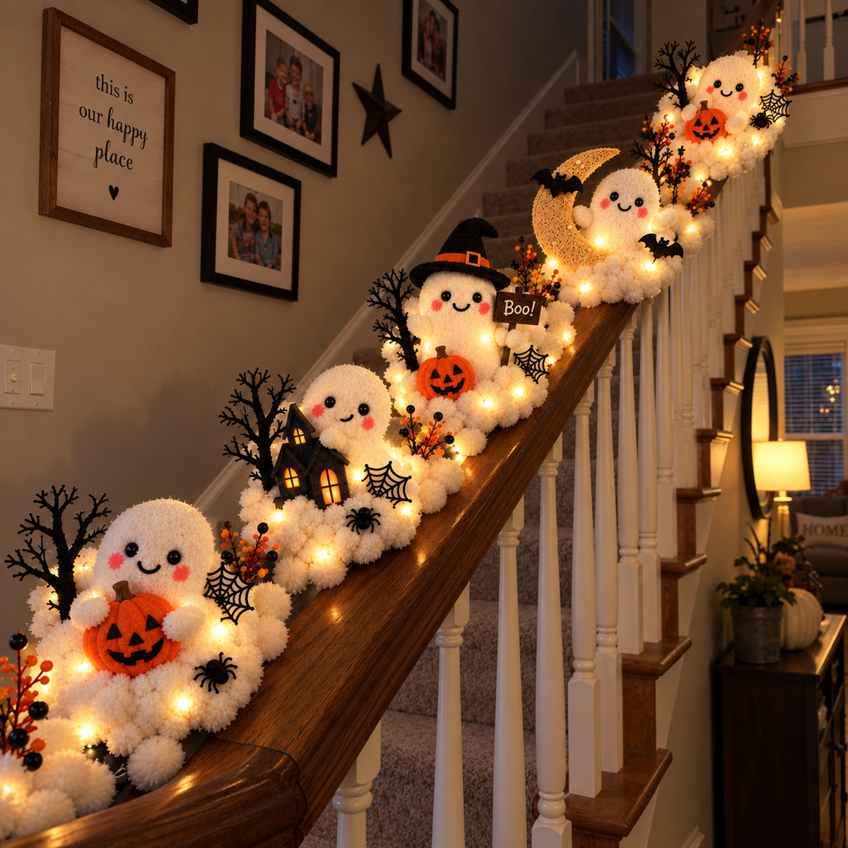 Halloween ghost decorations installed along staircase railing at night