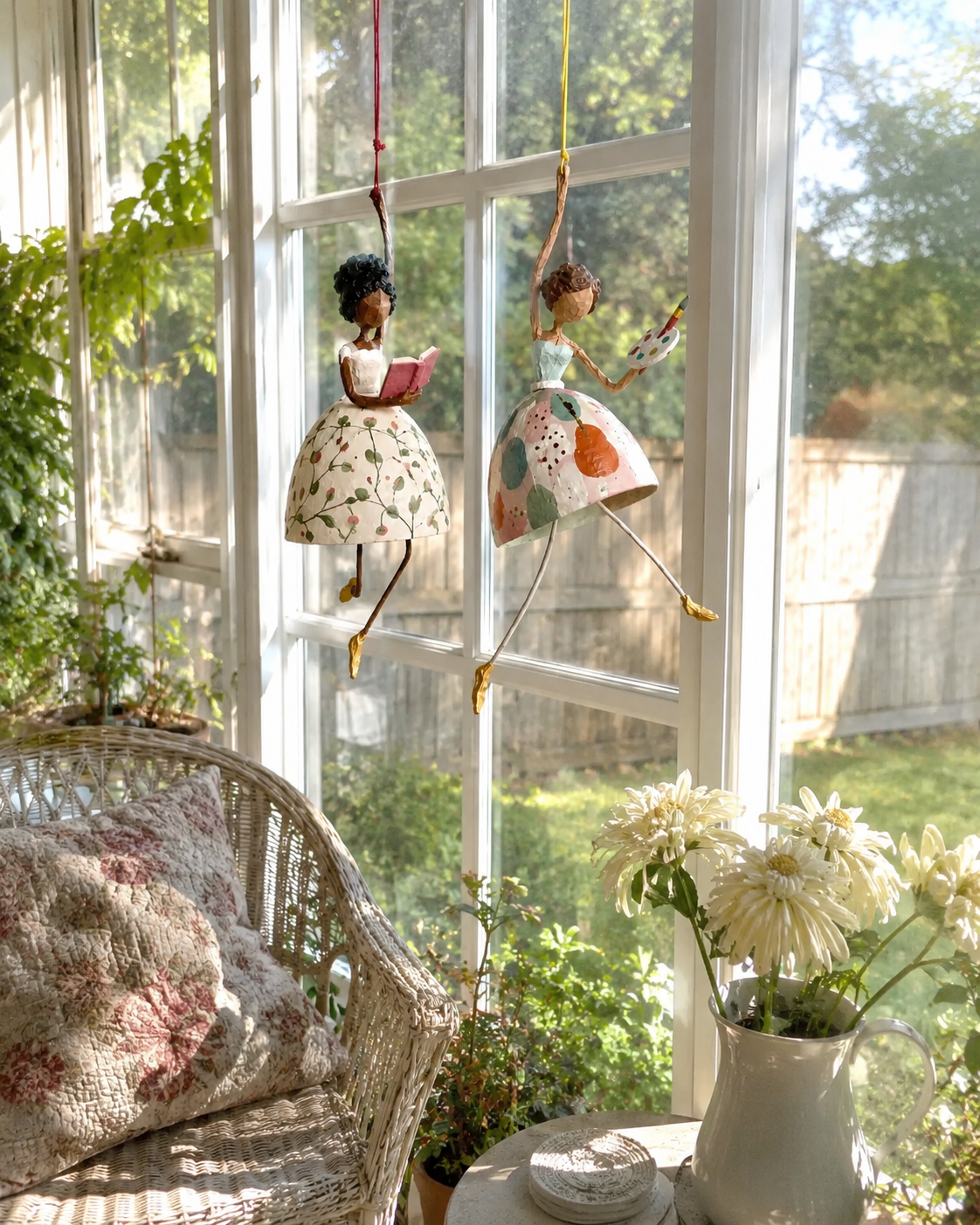 Reader and Artist hanging lady decorations displayed together in a bright sunroom